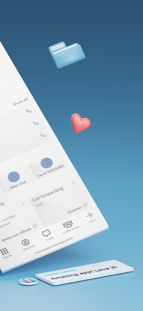 Oberfläche der Communicator GO 7 App, die Funktionen für einheitliche Kommunikation wie Chat und SMS mit einem Benutzertestimonial zeigt