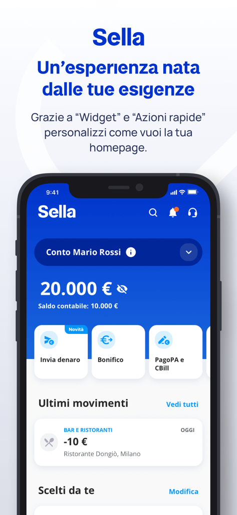 Sella - Interfaccia dell'app di mobile banking Sella che mostra il saldo del conto e widget personalizzabili di azioni rapide su un iPhone