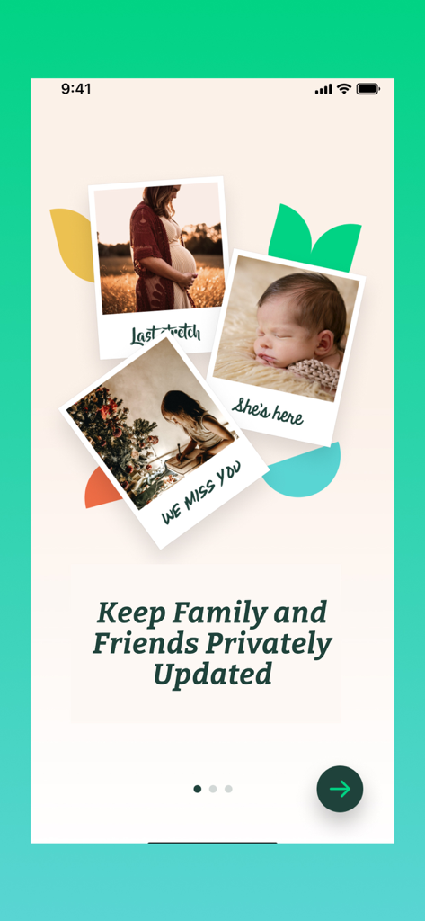 Ecrã de apresentação da aplicação Moment Garden mostrando fotos polaroides de um bebé e mãe grávida com o texto sobre atualizações familiares privadas