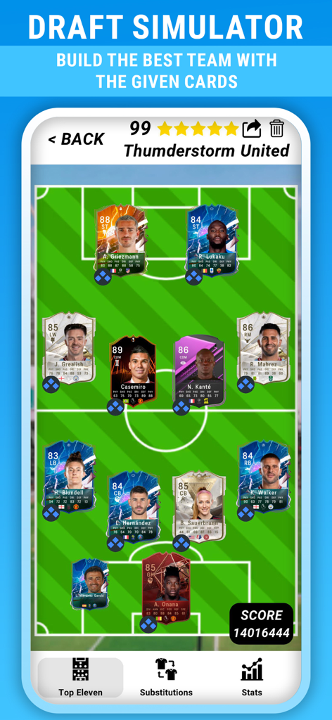 FC Draft 24 - Football draft simulator app screen showing a custom team with player cards in a formation