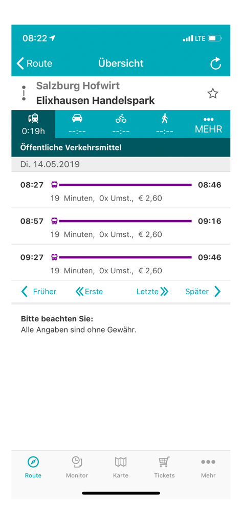 Routenübersicht in der Salzburg Verkehr App mit Busabfahrtszeiten und Preisen von Salzburg Hofwirt nach Elixhausen Handelspark