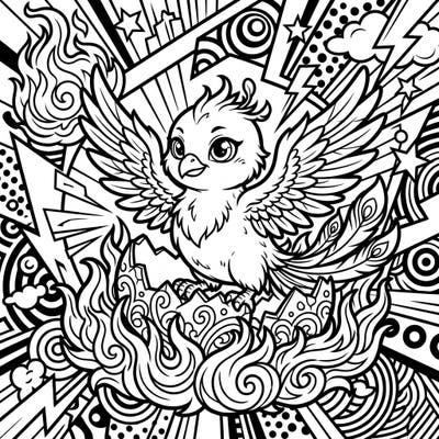 Discover the vibrant energy of new beginnings with this charming Pop Art Phoenix Hatchling coloring page. Its bold outlines and dynamic background invite you to explore a world of creative possibilities.