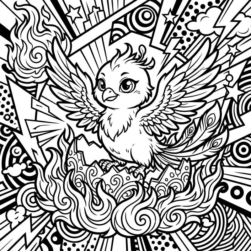 Discover the vibrant energy of new beginnings with this charming Pop Art Phoenix Hatchling coloring page. Its bold outlines and dynamic background invite you to explore a world of creative possibilities.