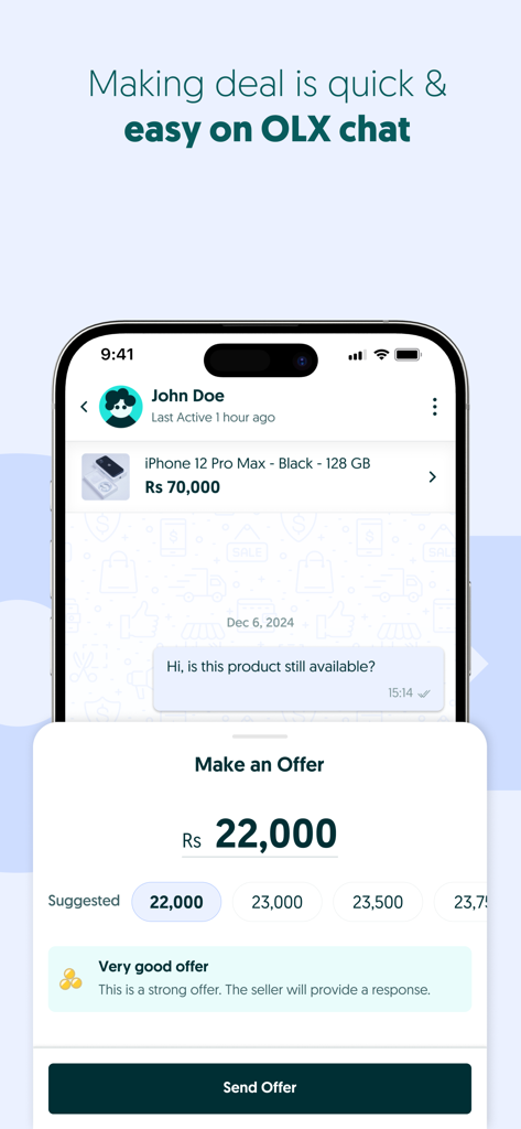 OLX Pakistan – Online Shopping - OLX Pakistan app chat interface showing the make an offer feature for an iPhone.