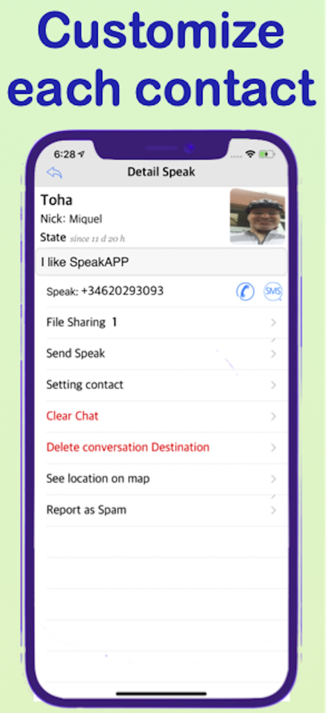 SpeakApp screen for customizing individual contact settings and privacy controls