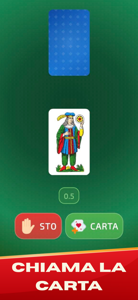 Sette e Mezzo: Carte Italiane - Sette e Mezzo card game gameplay screen with Italian regional cards and action buttons