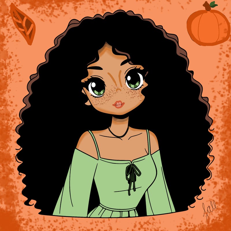 a black anime girl with long afro hair