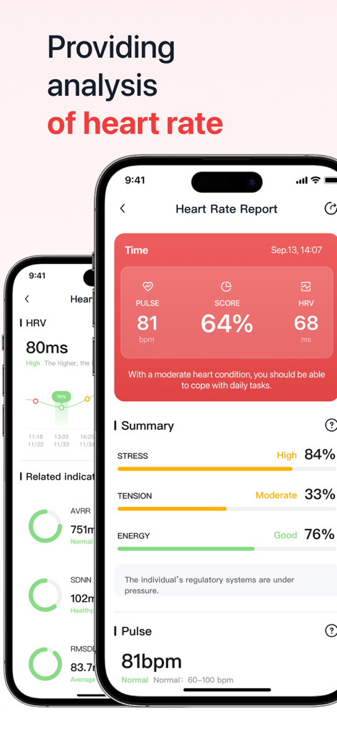 Smartphone screen displaying a detailed heart rate report with pulse HRV and stress level analysis