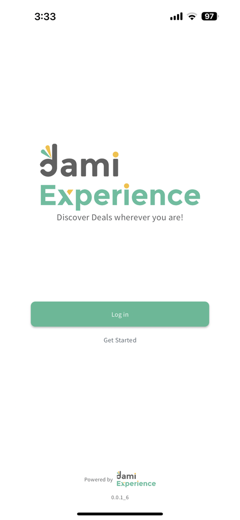 Dami Experience - Ecrã de login para a aplicação Dami Experience mostrando o logótipo e um slogan para descobrir ofertas.