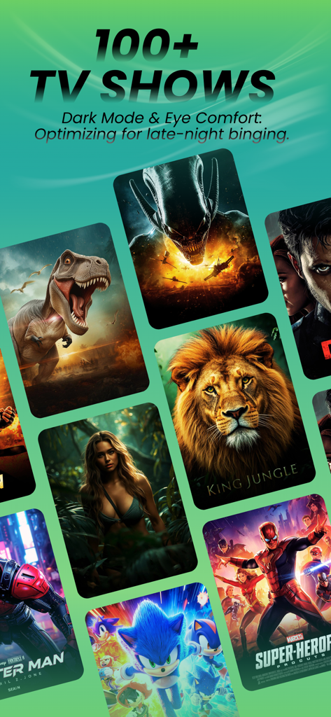 MovieBox app interface displaying a wide collection of TV shows and movies with dark mode for eye comfort.