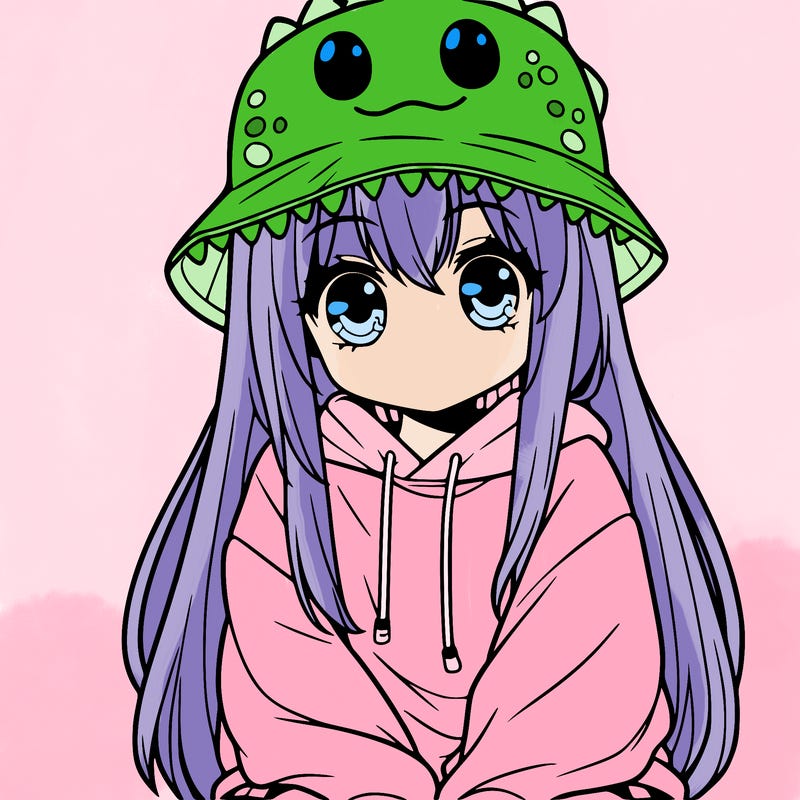 girl with anime shaped eyes with a dinosaur bucket hat oversized sweatshirt long straight hair
