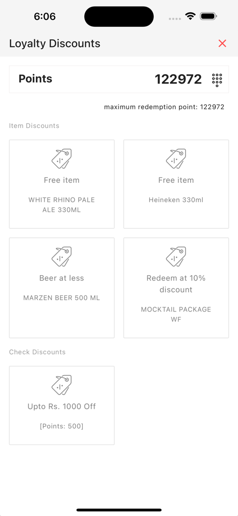 Digitory DigiPoS - Digitory DigiPoS mobile App Treue-Rabattbildschirm mit verfügbaren Prämienpunkten und Artikelrabattoptionen für Bier und Cocktails