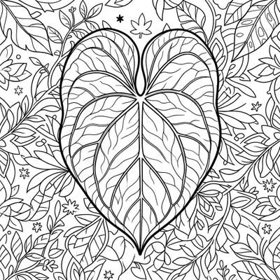 Immerse yourself in the beauty of nature with this exquisite anthurium leaf coloring page. Featuring a prominent, heart-shaped anthurium leaf surrounded by intricate botanical patterns, it offers a delightful challenge for nature lovers.