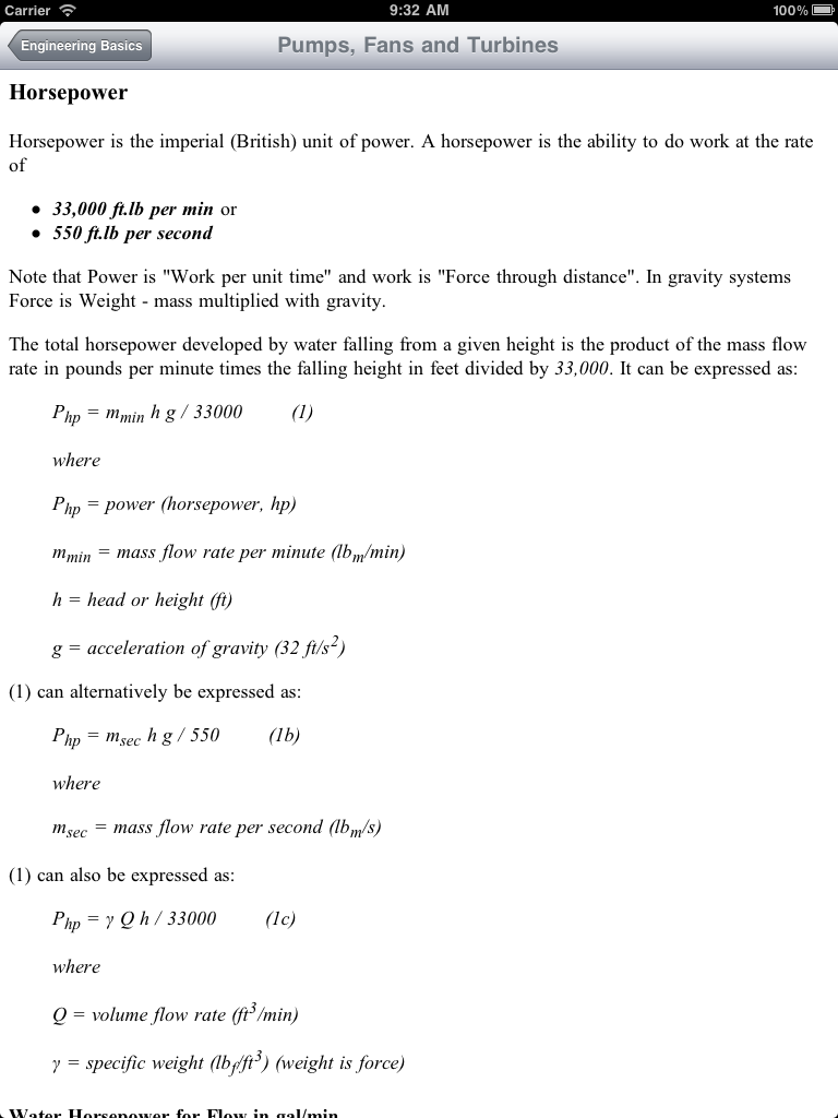 Tela do aplicativo Engineering Toolkit mostrando definições de potência e fórmulas matemáticas para bombas e turbinas