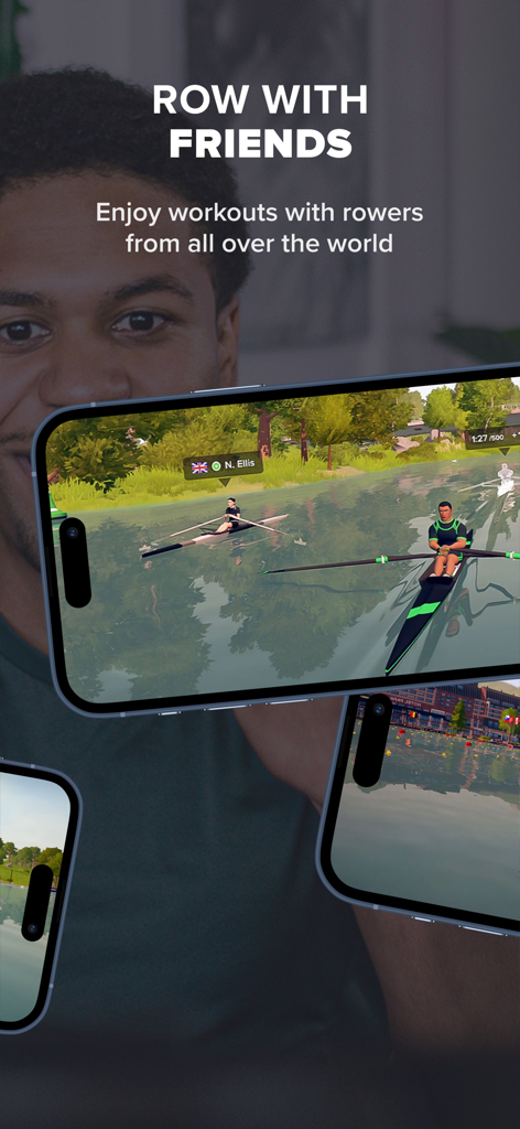 EXR | Virtual indoor rowing - Multiplayer mode in the EXR virtual indoor rowing app showing avatars on the water