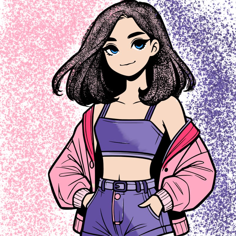 a realistic girl with a crop top and short shorts in an open jacket