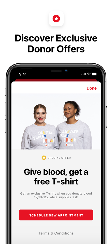Blood Donor American Red Cross - 무료 티셔츠 보상 제공 및 헌혈 예약 버튼이 있는 Red Cross Blood Donor 앱 화면
