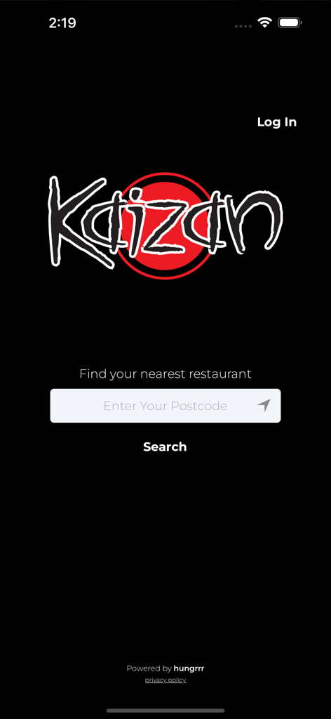 Kaizan Sushi - Kaizan Sushi app welcome screen with restaurant search by postcode
