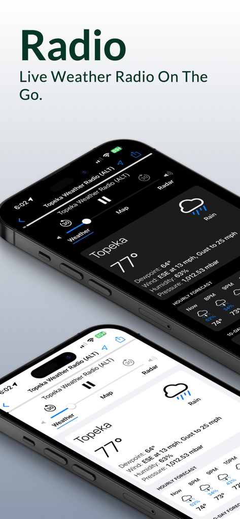 NOAA Weather Radio - Two iPhones displaying the NOAA Weather Radio app with a live broadcast and weather forecast for Topeka