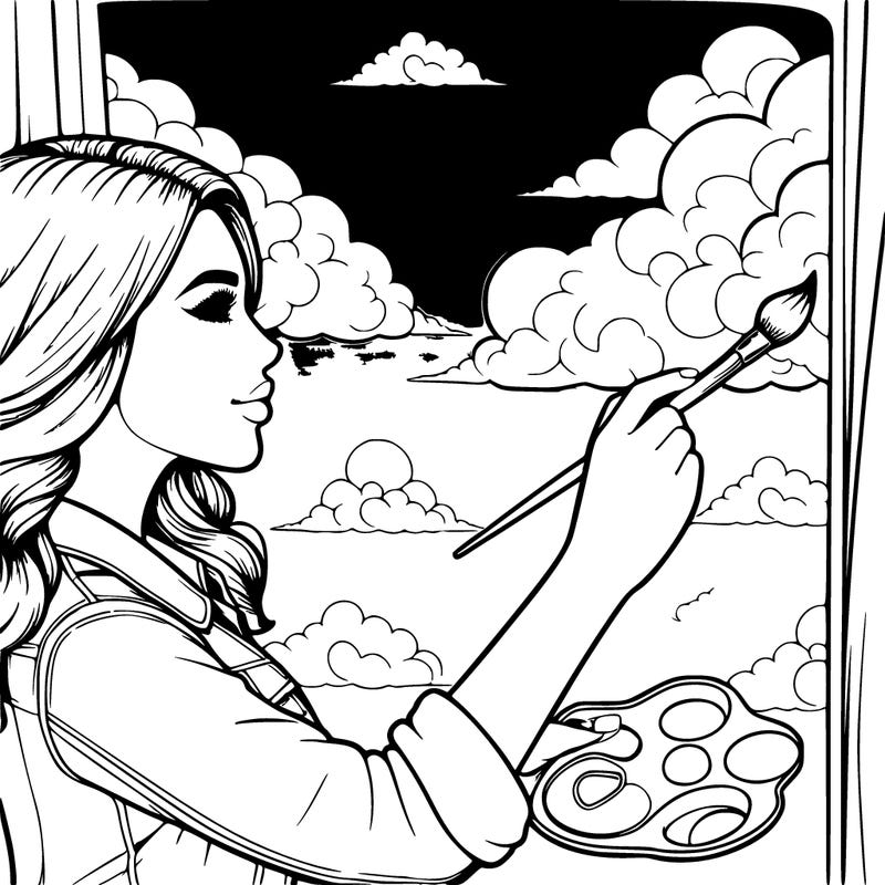 realistic woman painting the sky outside