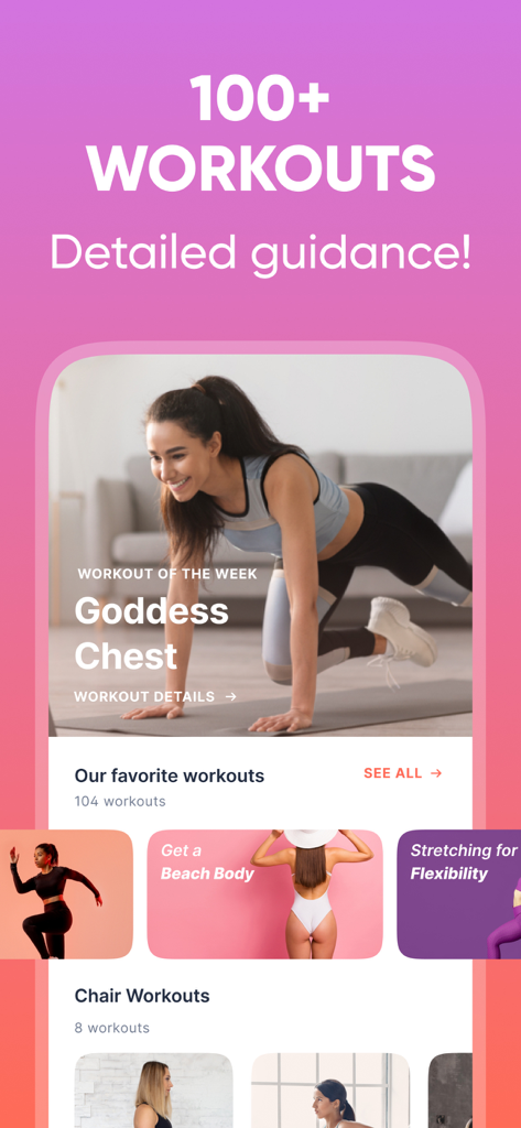 EasyFit - Lazy Workout at Home - Interfaz de aplicación móvil que muestra más de 100 entrenamientos detallados en casa, incluyendo ejercicios para el pecho de diosa y en silla.