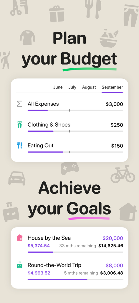 Spending Tracker - Money Flow - Money Flow app interface for planning monthly budgets and tracking long-term financial savings goals.