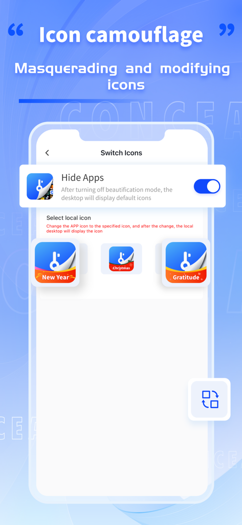 Interfaz de la aplicación App Hide mostrando la función de camuflaje de iconos con opciones para enmascarar y modificar iconos de aplicaciones