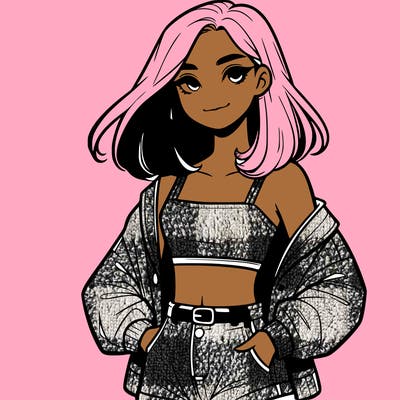 a realistic girl with a crop top and short shorts in an open jacket