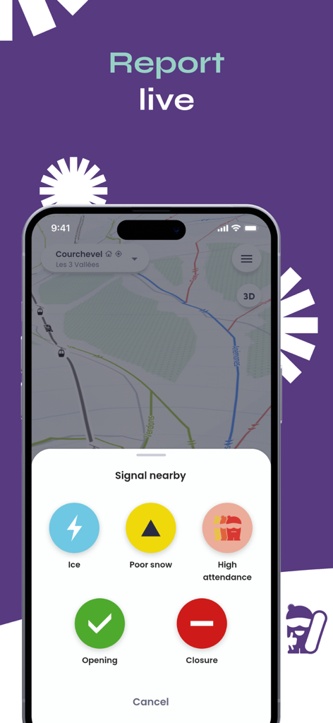 Skiif app interface showing live report options for ski conditions like ice and snow quality on a resort map