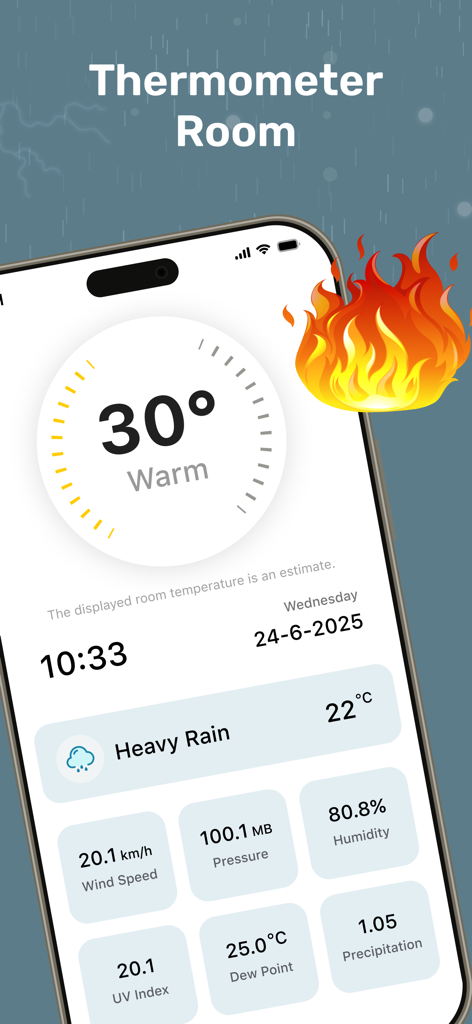 Room Temperature Check - Interface of the Room Temperature Check app showing indoor temperature and weather conditions