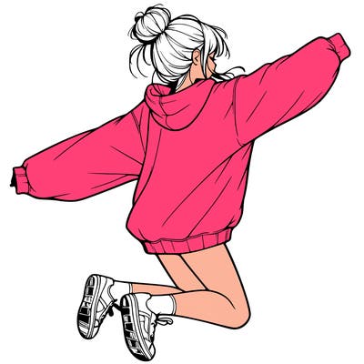 realistic girl jumping with a bun and oversized sweatshirt