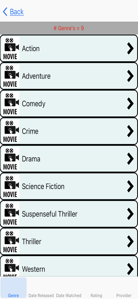 Interface of the Movies I Have Watched app showing a list of nine movie genres including Action Comedy and Drama