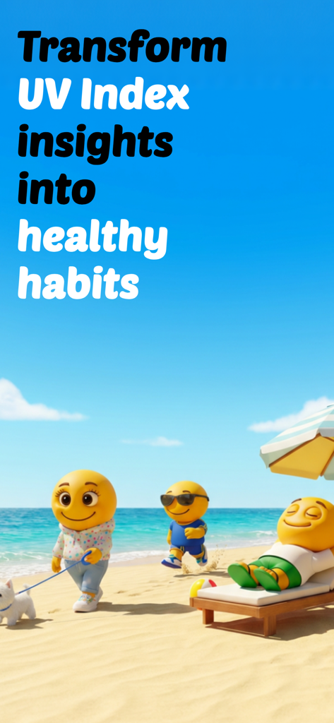 Personagens de desenho animado em uma praia ensolarada promovendo hábitos saudáveis de UV