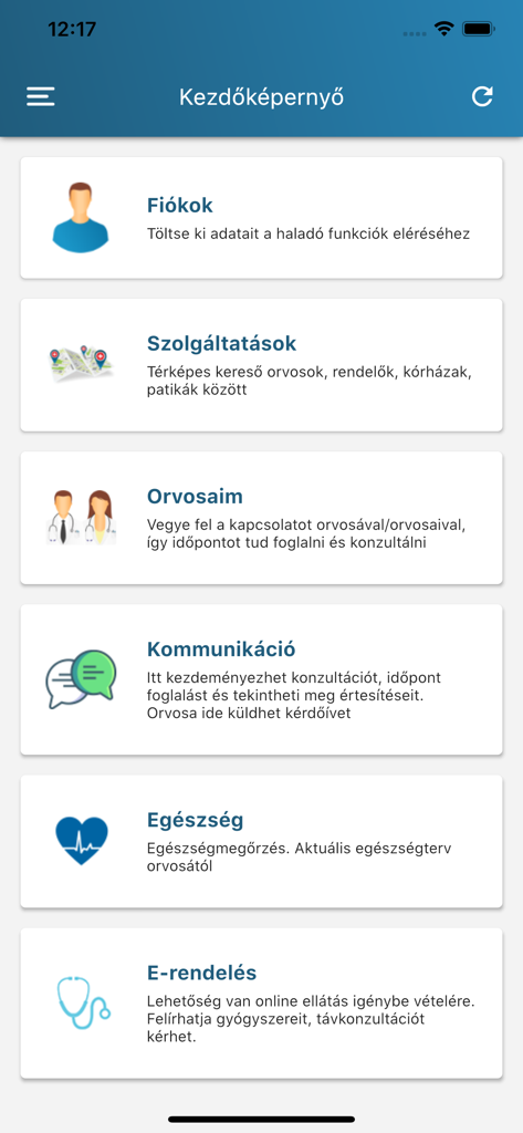 Home dashboard of the NetDoktor Paciens mobile app featuring medical service search and family profile management.