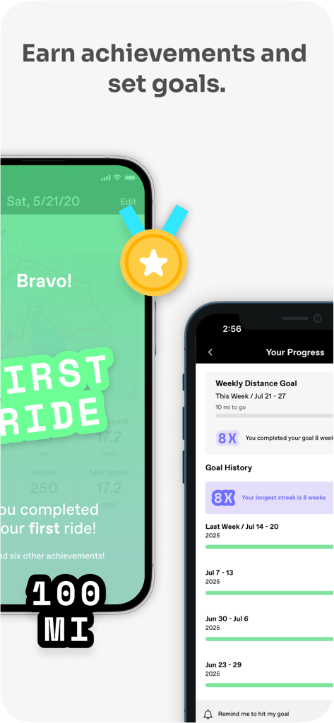 Cannondale - Cannondale app interface showing ride achievements and weekly cycling goals tracking.