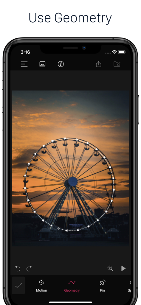 PixaMotion 3d Photo Video Loop - PixaMotion app interface showing circular motion paths being added to a ferris wheel photo using the geometry tool