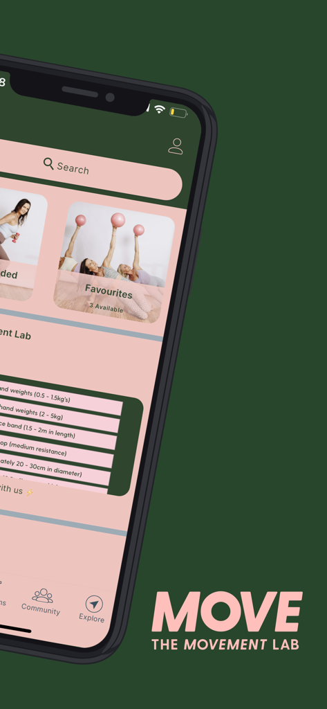 The Movement Lab On-Demand - A smartphone showing the home screen of The Movement Lab On-Demand Pilates and Barre app.