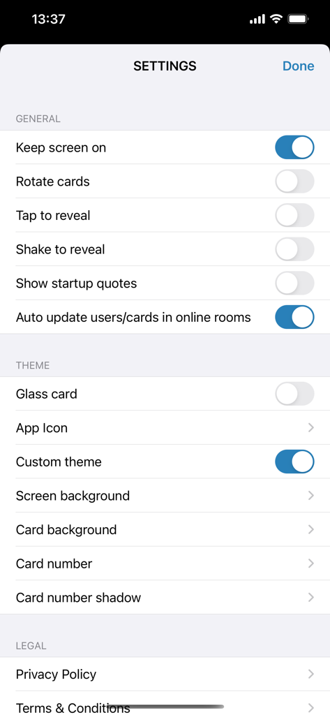 スクラムポーカーカードアプリの設定画面。一般およびテーマの設定オプションが表示されています。