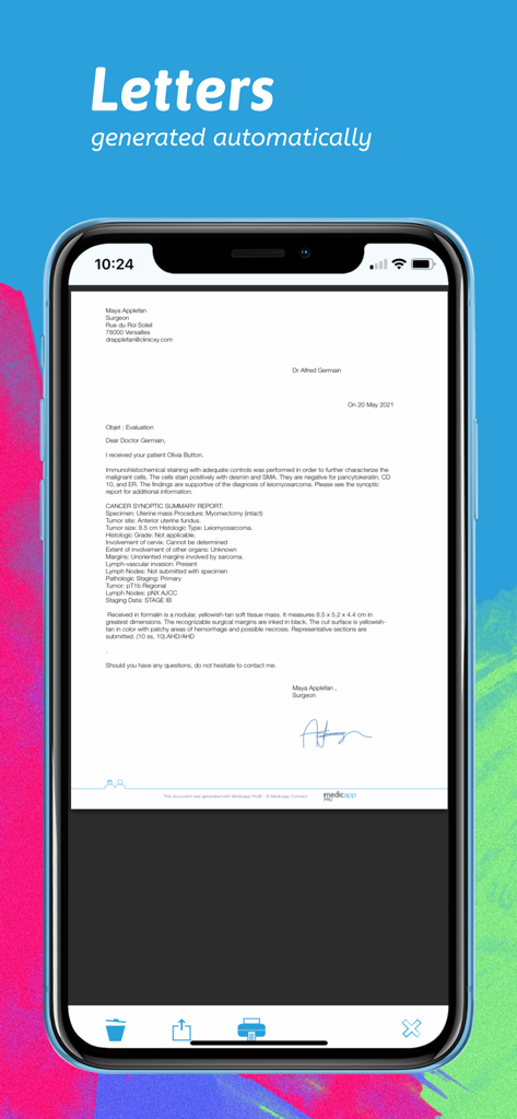 Medicapp Pro에서 자동 생성된 의료 서신을 표시하는 스마트폰 화면