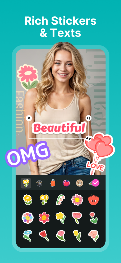 Collage Maker - Photos Editor - Foto de uma mulher sendo editada com adesivos coloridos e sobreposições de texto em um aplicativo de edição de fotos