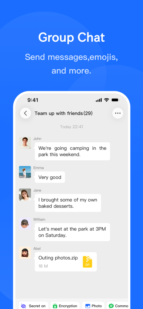 BFF Messenger - Private Chat - Screenshot eines Gruppenchats in BFF Messenger, der private Nachrichten und Dateifreigabe zwischen Freunden zeigt.