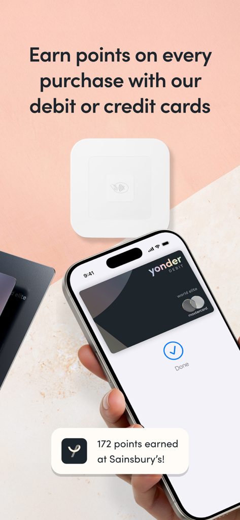 Yonder app interface showing earned points from a card purchase on a smartphone.