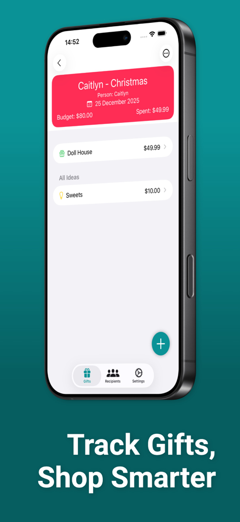 Interface do aplicativo Christmas Tracker mostrando uma lista de presentes para Caitlyn com detalhes de orçamento e gastos