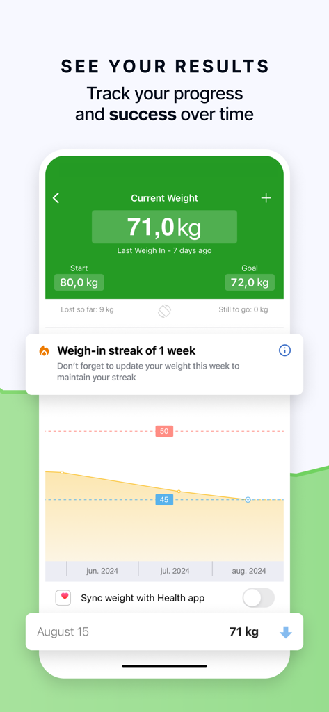 Mobile app screen showing weight loss progress with a line chart and current weight goals