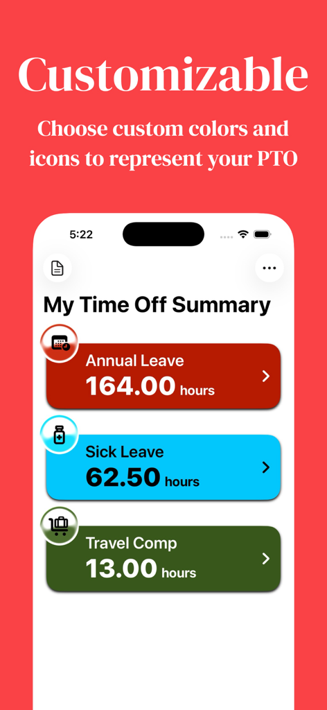 My Time Off Tracker 2 - A screenshot showing the customizable PTO summary in My Time Off Tracker 2 with different colors and icons for annual sick and travel leave
