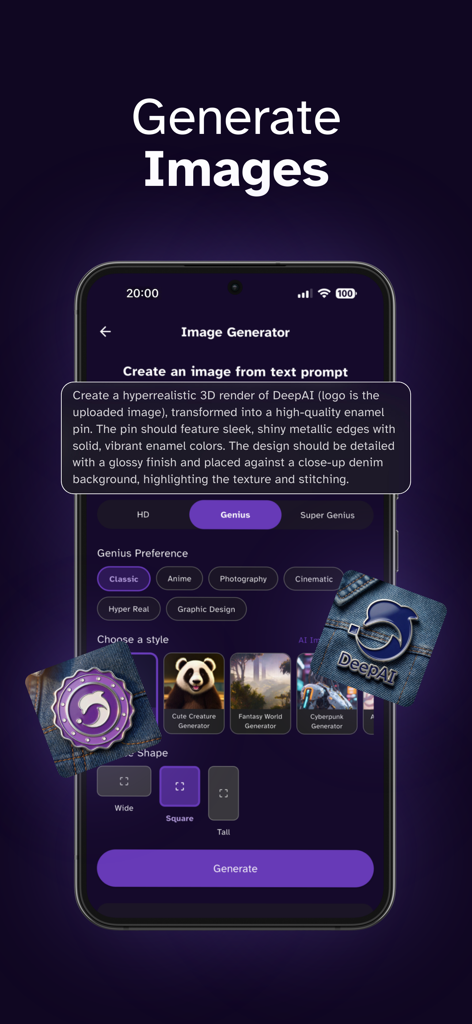 DeepAI: AI Chat, Image & Video - DeepAI mobile app interface for creating images from text prompts with various styles and high resolution options.