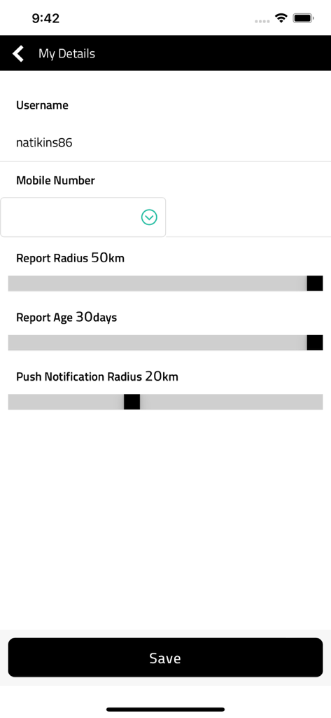 Orcinus - User profile settings screen in the Orcinus app showing reporting radius and push notification preferences