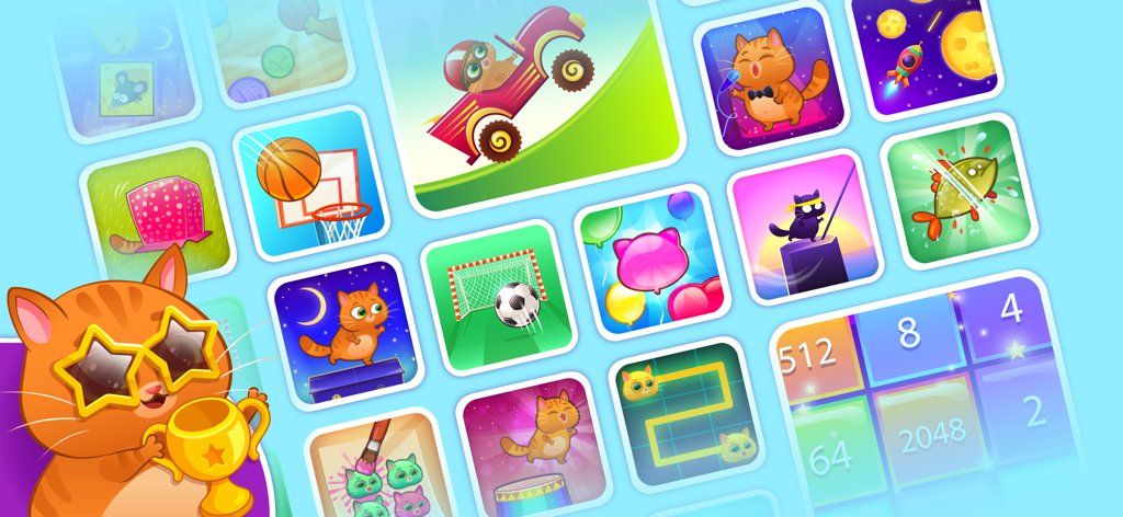 A collection of various mini games icons featuring Bubbu the virtual pet cat