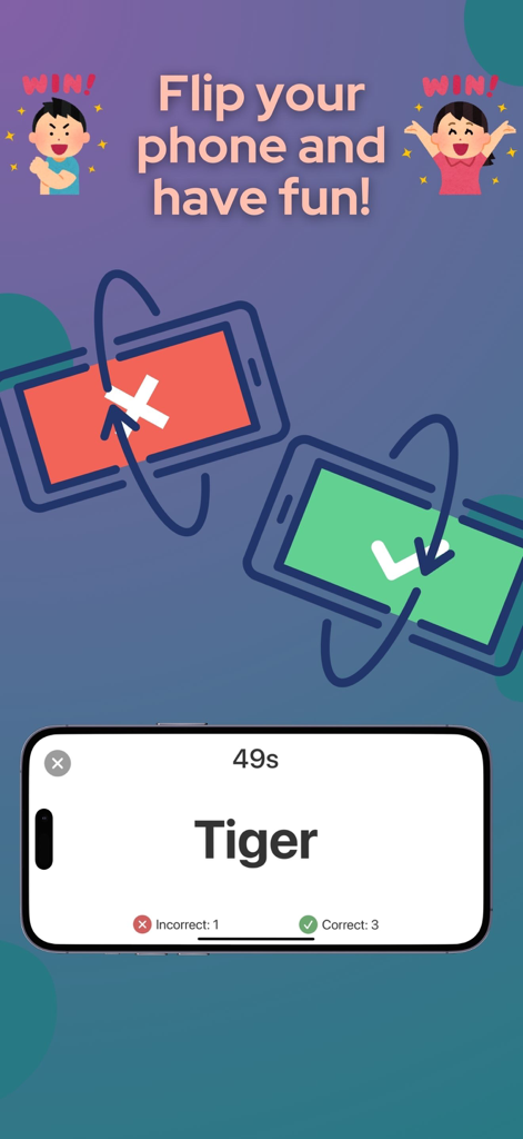 Guess It - Charades with AI - Guess It Charades gameplay showing phone tilt instructions and the word Tiger