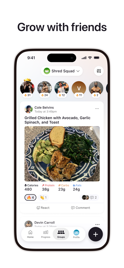 Cal AI - Calorie Tracker - Cal AI mobile app screen showing a social feed where users share meal photos with calorie and protein breakdowns
